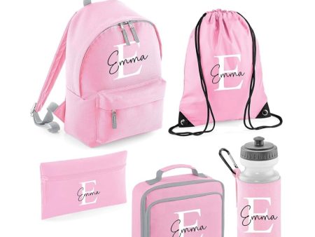 Personalised Kids Back To School Kit with Custom Name & Initial | Pink Backpack, Lunch Bag, PE Bag, Pencil Case & Water Bottle | Ideal for Girls Starting Nursery or School Online now