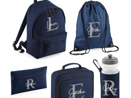 Personalised Kids Back To School Kit with Custom Name | Navy Blue with Grey Initial Backpack, Lunch Bag, PE Kit Bag, Pencil Case & Water Bottle | Perfect for Boys & Girls Starting Nursery or School Sale