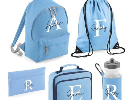 Personalised Kids Back to School Kit with Custom Name & Initial | Blue Backpack, Lunch Bag, PE Kit, Pencil Case & Water Bottle | Ideal for Boys Starting Nursery or School Fashion