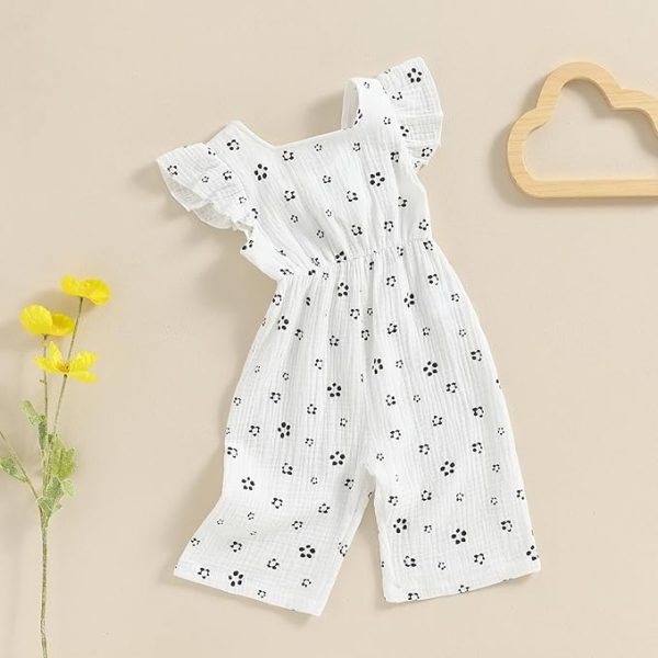 Toddler Baby Girl Summer Flower Print Ruffle Flying Sleeveless Romper Jumpsuit Pants Cotton Bow Tie Trouser Outfit Clothes Tracksuit Set For Sale