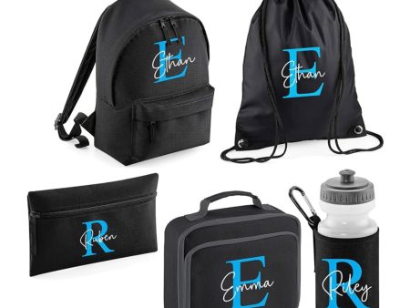 Personalised Kids Back To School Kit with Custom Name & Initial | Black with Blue Initial Backpack, Lunch Bag, PE Bag, Pencil Case & Water Bottle | Ideal for Boys Starting Nursery Online