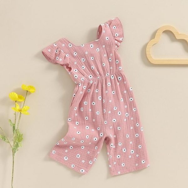 Toddler Baby Girl Summer Flower Print Ruffle Flying Sleeveless Romper Jumpsuit Pants Cotton Bow Tie Trouser Outfit Clothes Tracksuit Set For Sale