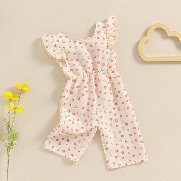 Toddler Baby Girl Summer Flower Print Ruffle Flying Sleeveless Romper Jumpsuit Pants Cotton Bow Tie Trouser Outfit Clothes Tracksuit Set For Sale